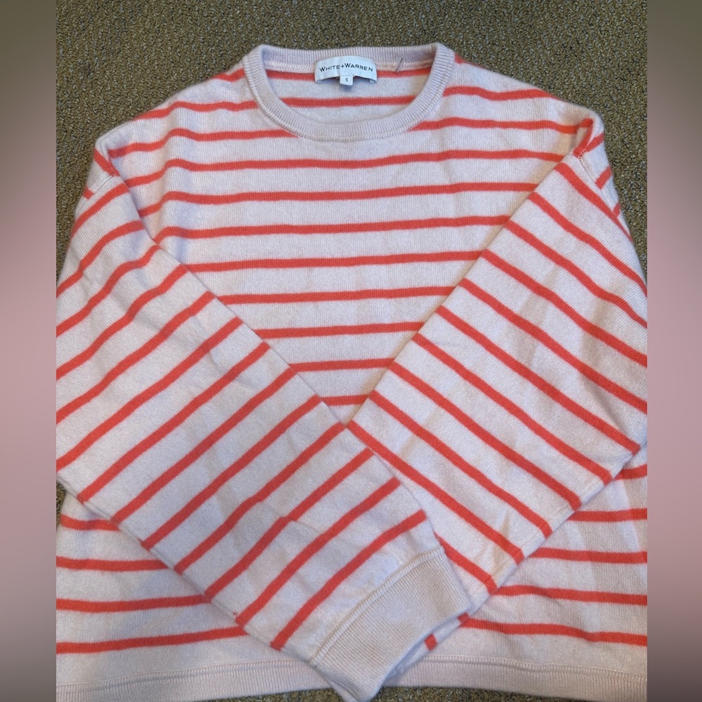 White + Warren Coral and Peach Striped cashmere sweater